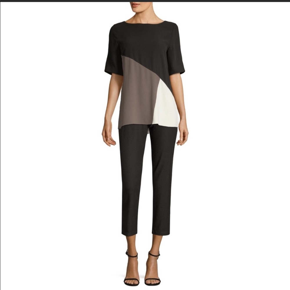 Eileen Fisher Color-Block Short Sleeves Silk Georgette Crepe Blouse Top blouse